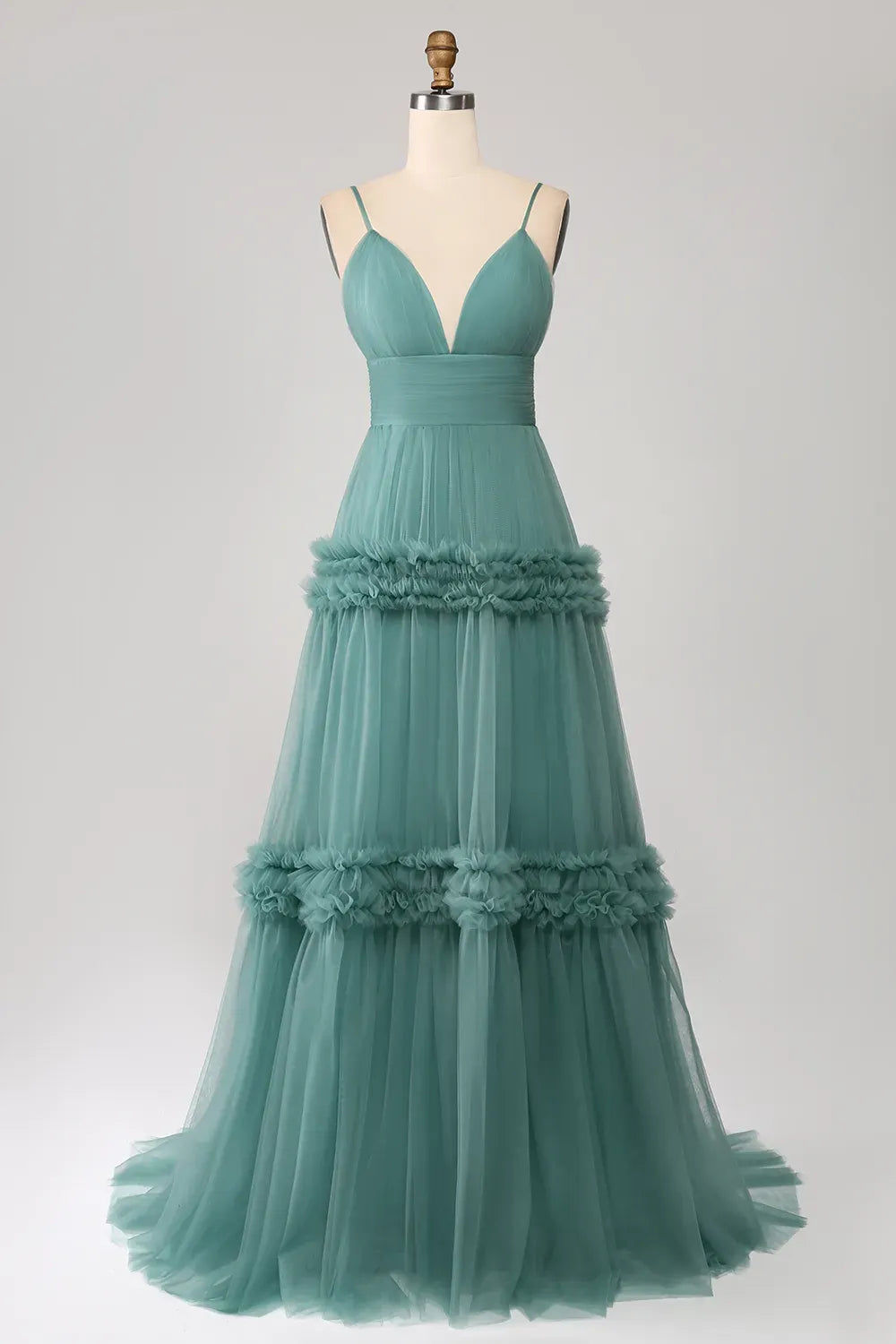 Romantic A-Line V-Neck Spaghetti Straps Open Back Tiered Tulle Prom Dress