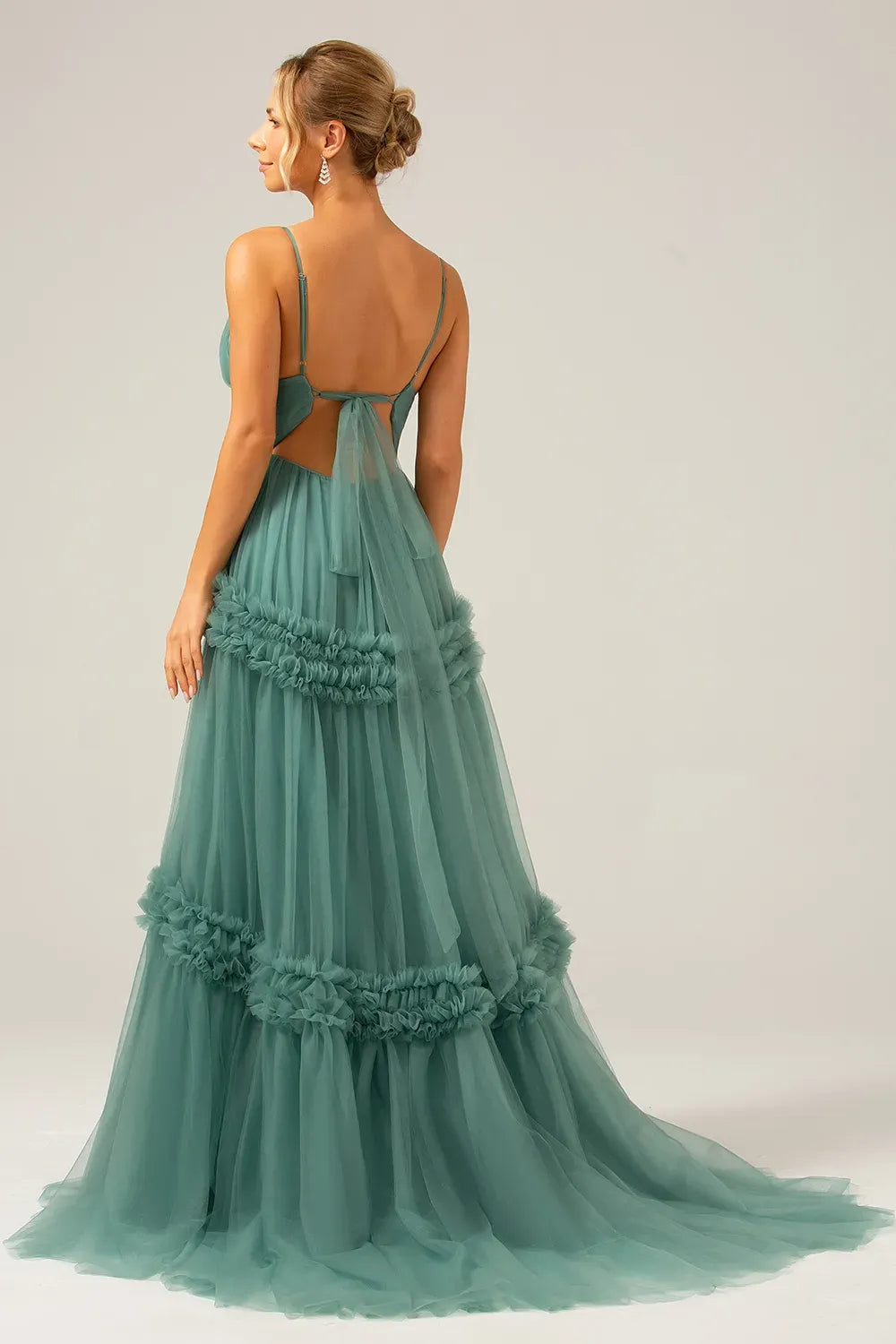 Romantic A-Line V-Neck Spaghetti Straps Open Back Tiered Tulle Prom Dress