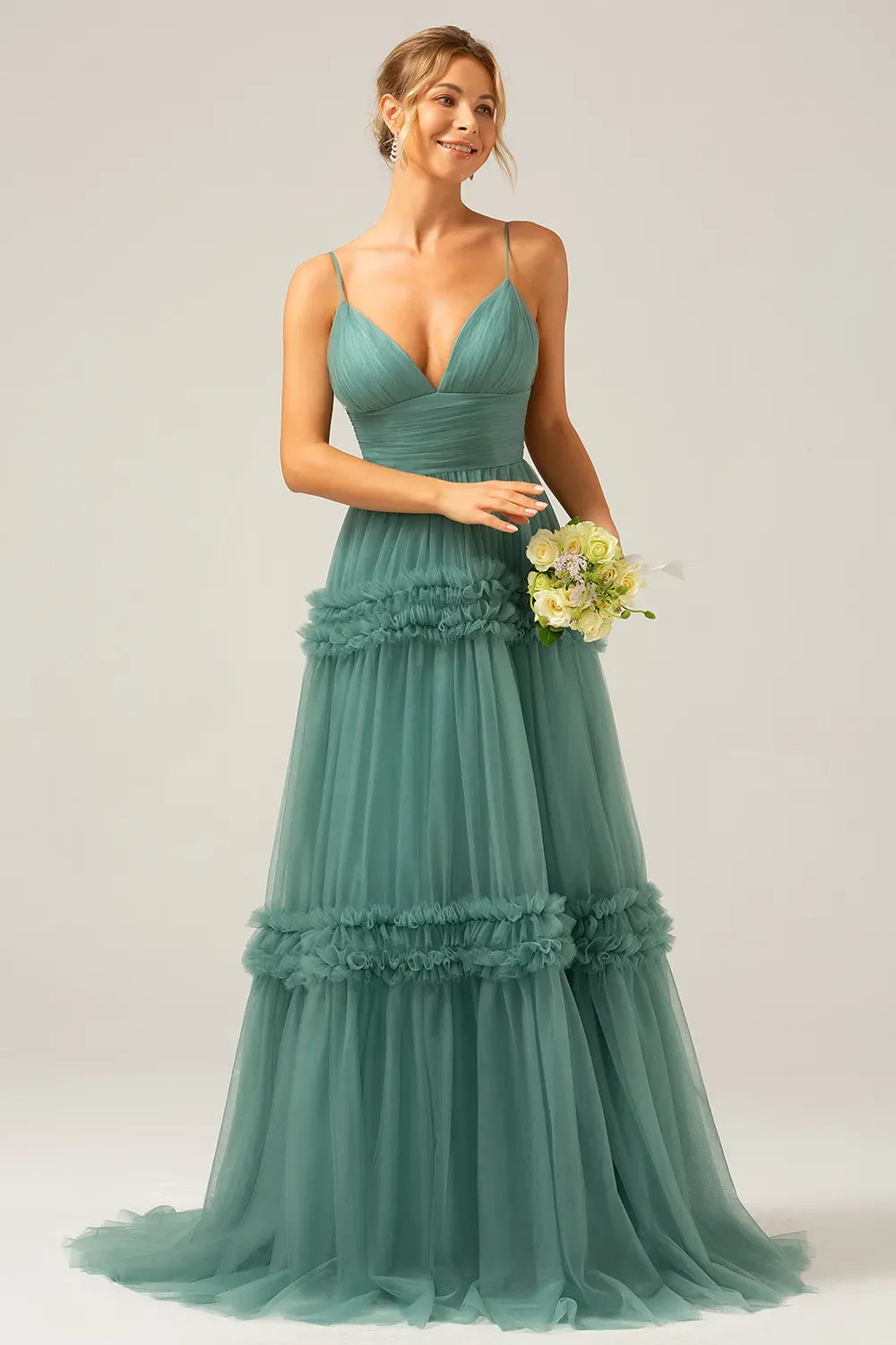 Romantic A-Line V-Neck Spaghetti Straps Open Back Tiered Tulle Prom Dress