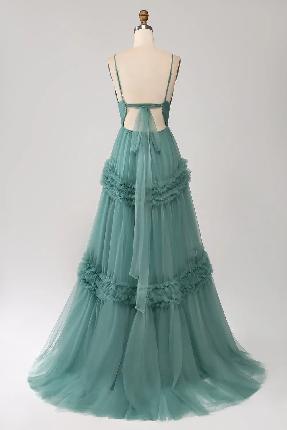 Romantic A-Line V-Neck Spaghetti Straps Open Back Tiered Tulle Prom Dress