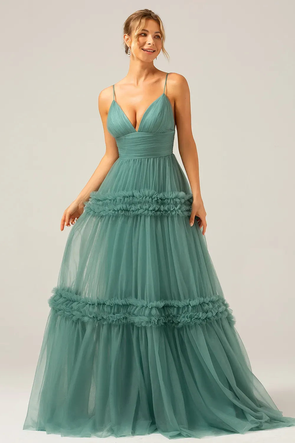 Romantic A-Line V-Neck Spaghetti Straps Open Back Tiered Tulle Prom Dress