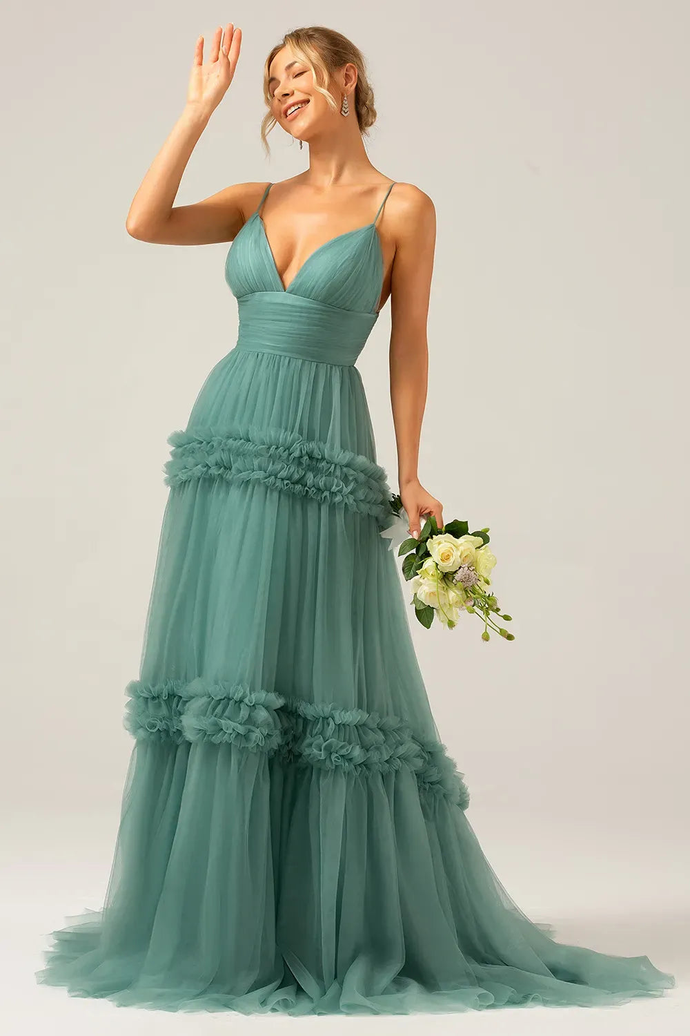 Romantic A-Line V-Neck Spaghetti Straps Open Back Tiered Tulle Prom Dress