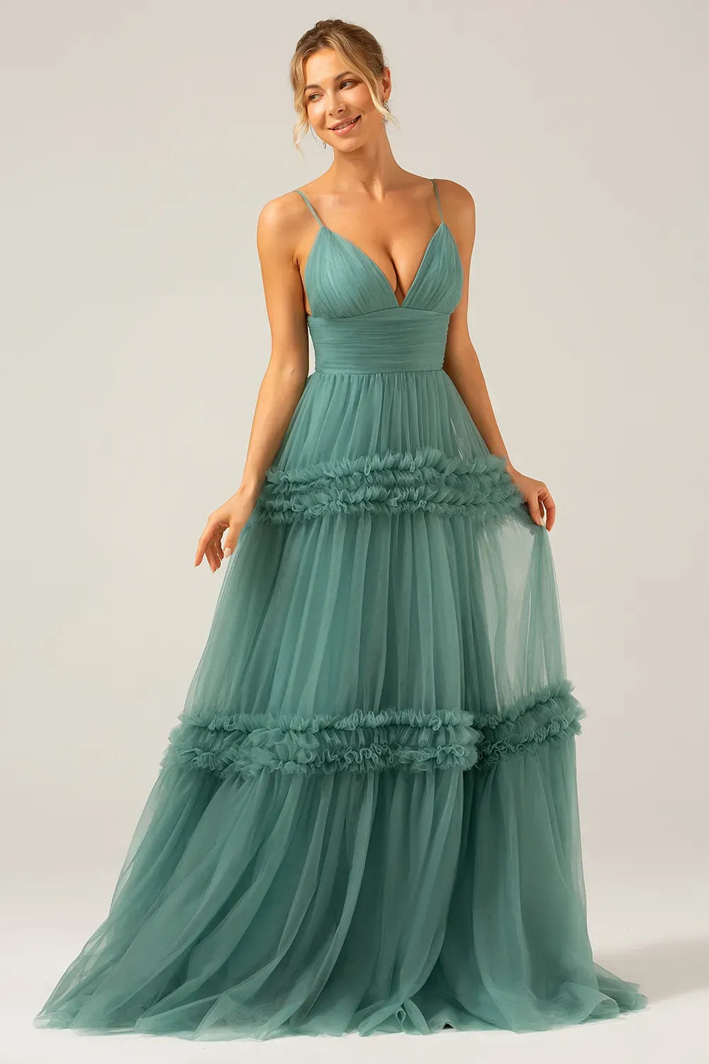 Romantic A-Line V-Neck Spaghetti Straps Open Back Tiered Tulle Prom Dress