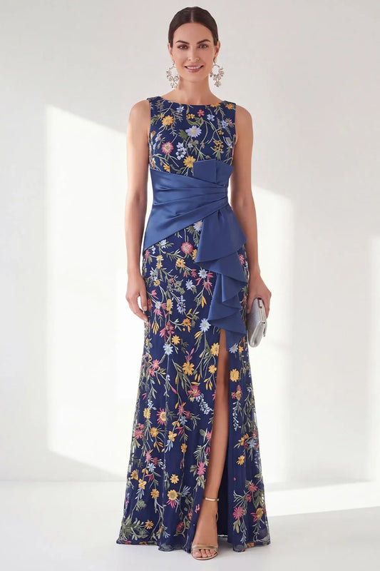 Loverlm grey purple floral embroidered evening dress with a sleeveless boat neckline, satin wrap waist, cascading ruffle and thigh-high slit, front view.