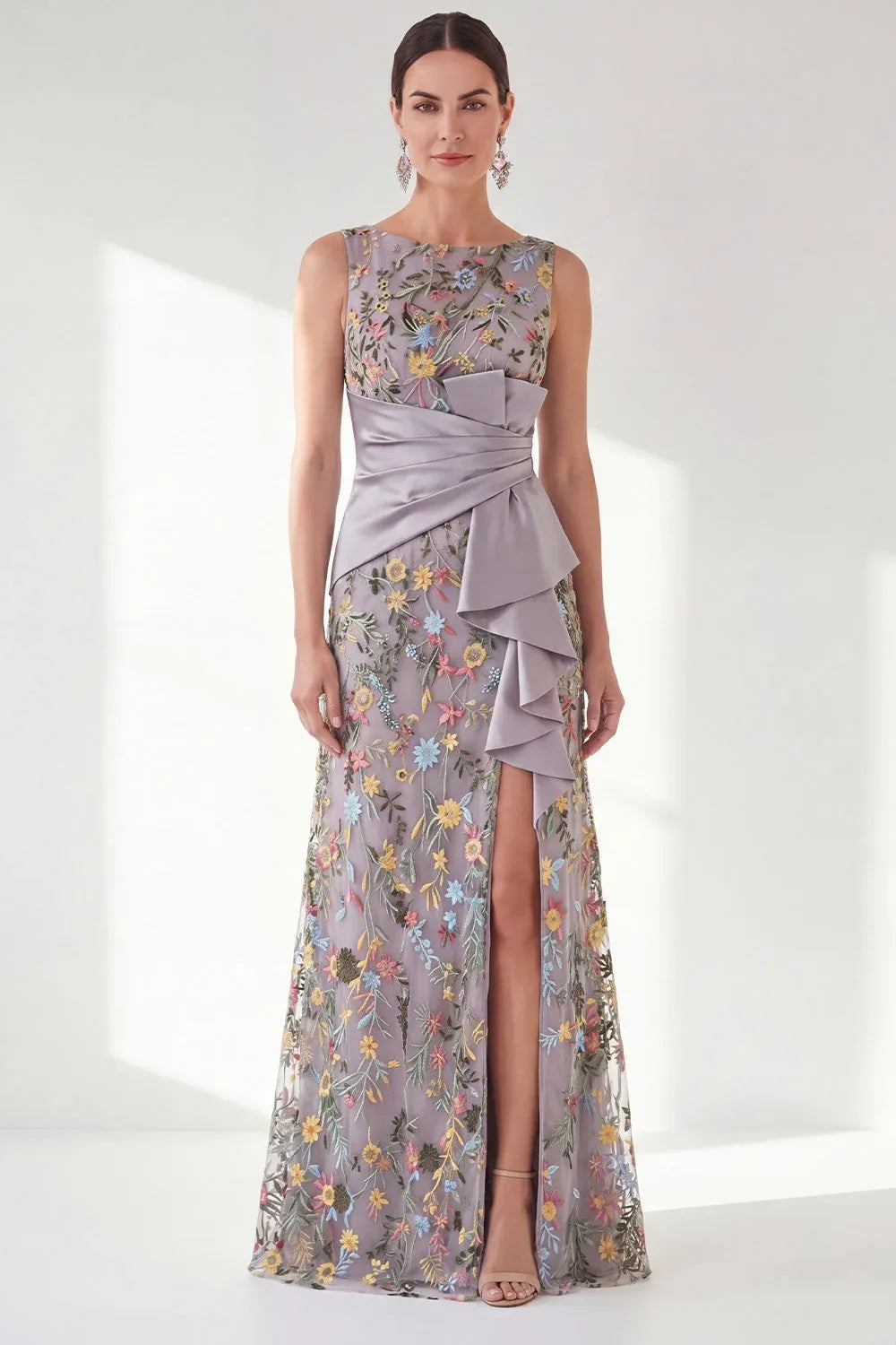 Graceful Tulle Sheath Boat-Neck Sleeveless Zipper-Back Ruffled Floor-Length Evening Dress