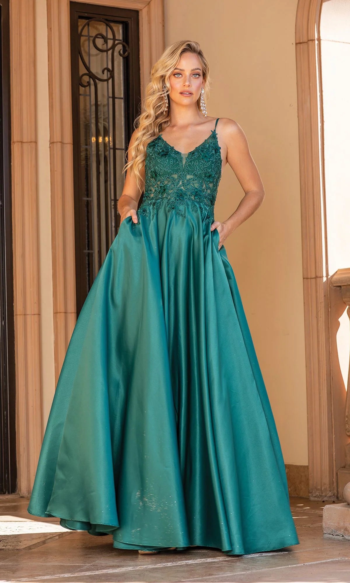 Romantic A-Line V-Neck Sleeveless Satin Floor Length Prom Dress