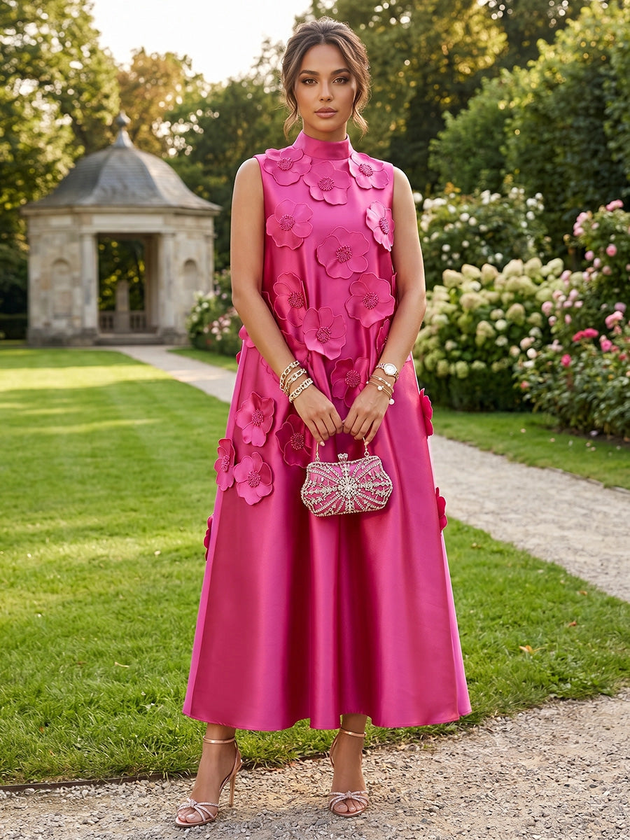 Romantic A-Line High Neck Sleeveless Satin Midi Wedding Guest Dress