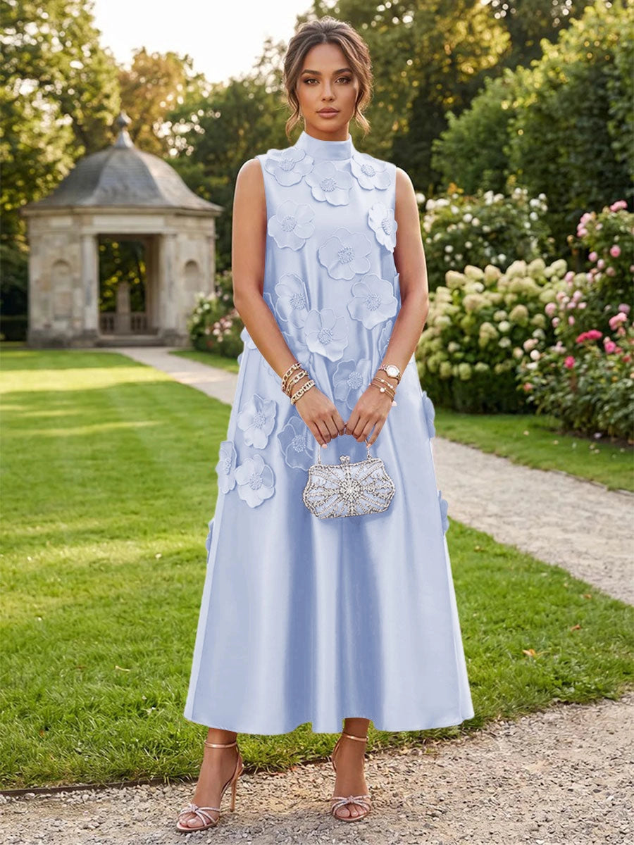 Romantic A-Line High Neck Sleeveless Satin Midi Wedding Guest Dress