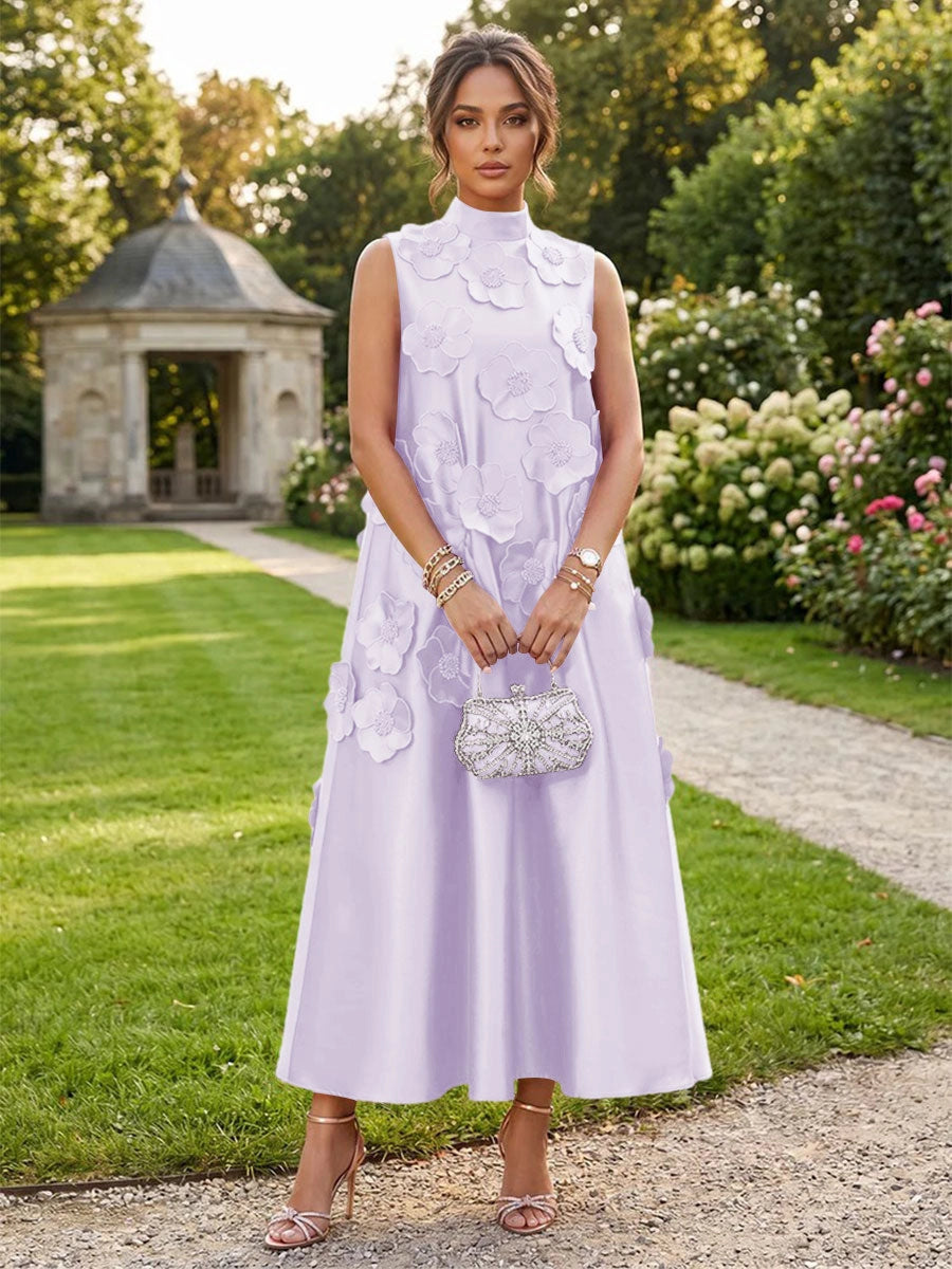 Romantic A-Line High Neck Sleeveless Satin Midi Wedding Guest Dress