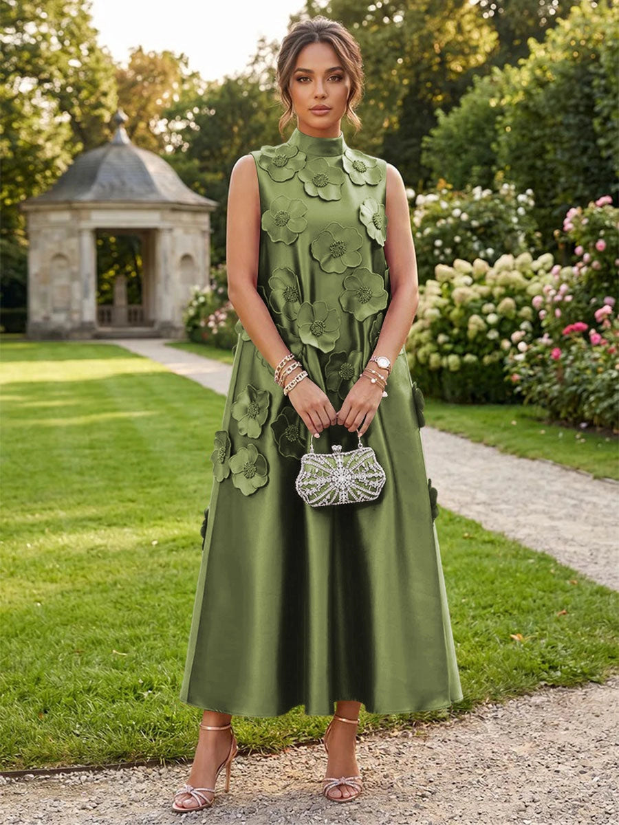 Romantic A-Line High Neck Sleeveless Satin Midi Wedding Guest Dress