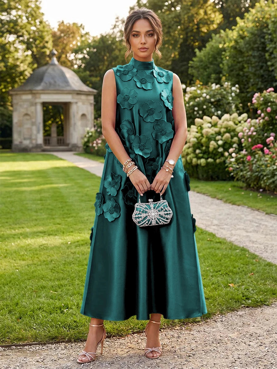 Romantic A-Line High Neck Sleeveless Satin Midi Wedding Guest Dress