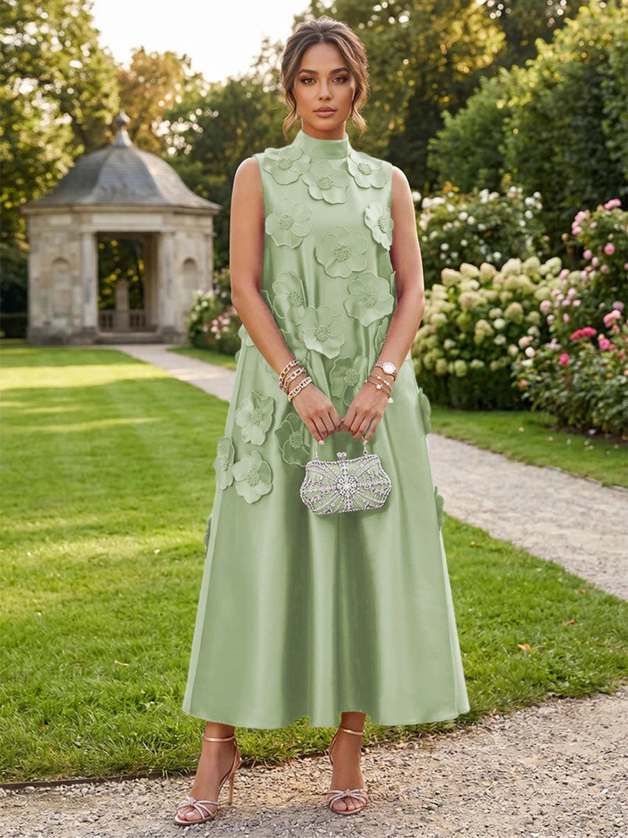 Romantic A-Line High Neck Sleeveless Satin Midi Wedding Guest Dress