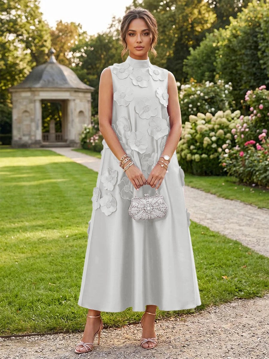 Romantic A-Line High Neck Sleeveless Satin Midi Wedding Guest Dress