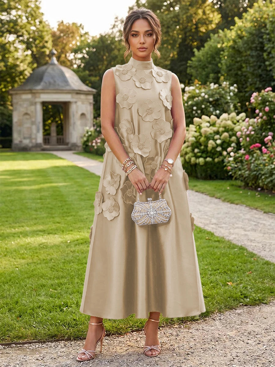 Romantic A-Line High Neck Sleeveless Satin Midi Wedding Guest Dress