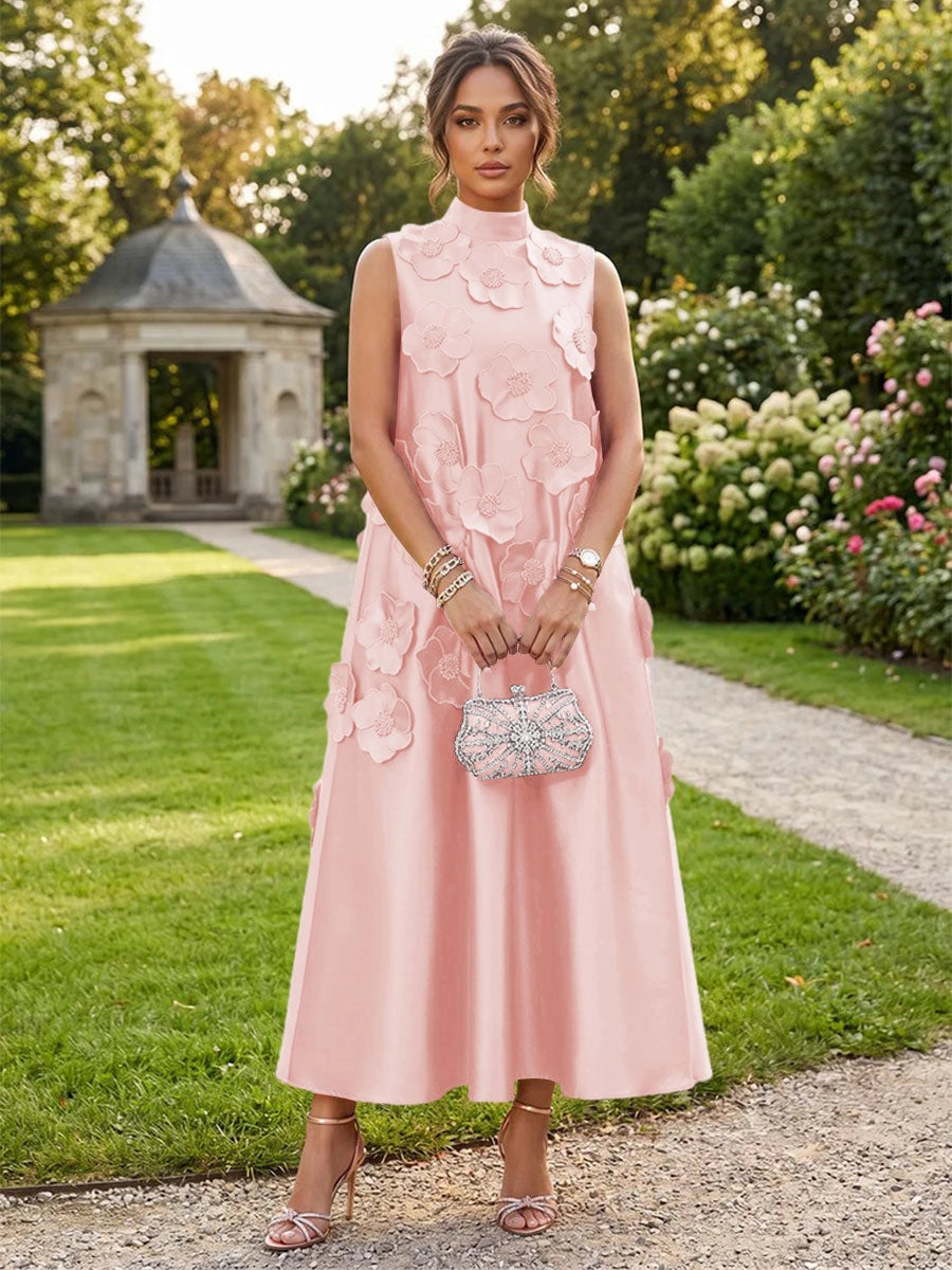 Romantic A-Line High Neck Sleeveless Satin Midi Wedding Guest Dress