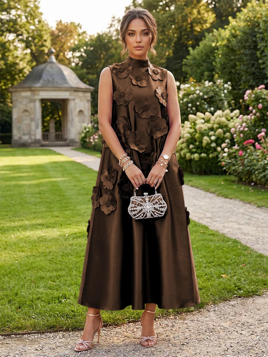 Romantic A-Line High Neck Sleeveless Satin Midi Wedding Guest Dress