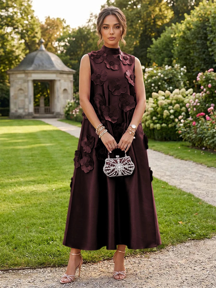 Romantic A-Line High Neck Sleeveless Satin Midi Wedding Guest Dress