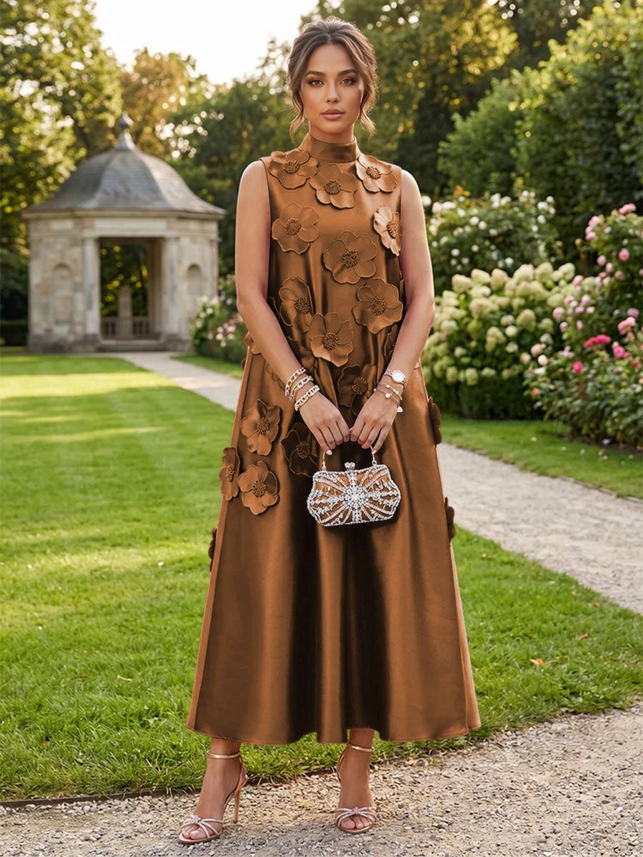 Romantic A-Line High Neck Sleeveless Satin Midi Wedding Guest Dress