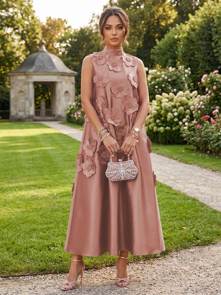 Romantic A-Line High Neck Sleeveless Satin Midi Wedding Guest Dress