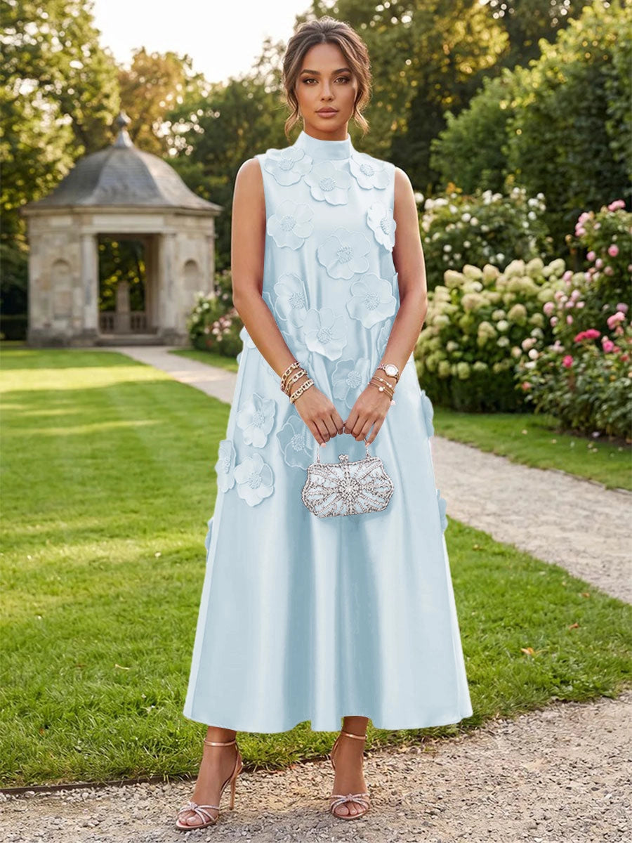 Romantic A-Line High Neck Sleeveless Satin Midi Wedding Guest Dress