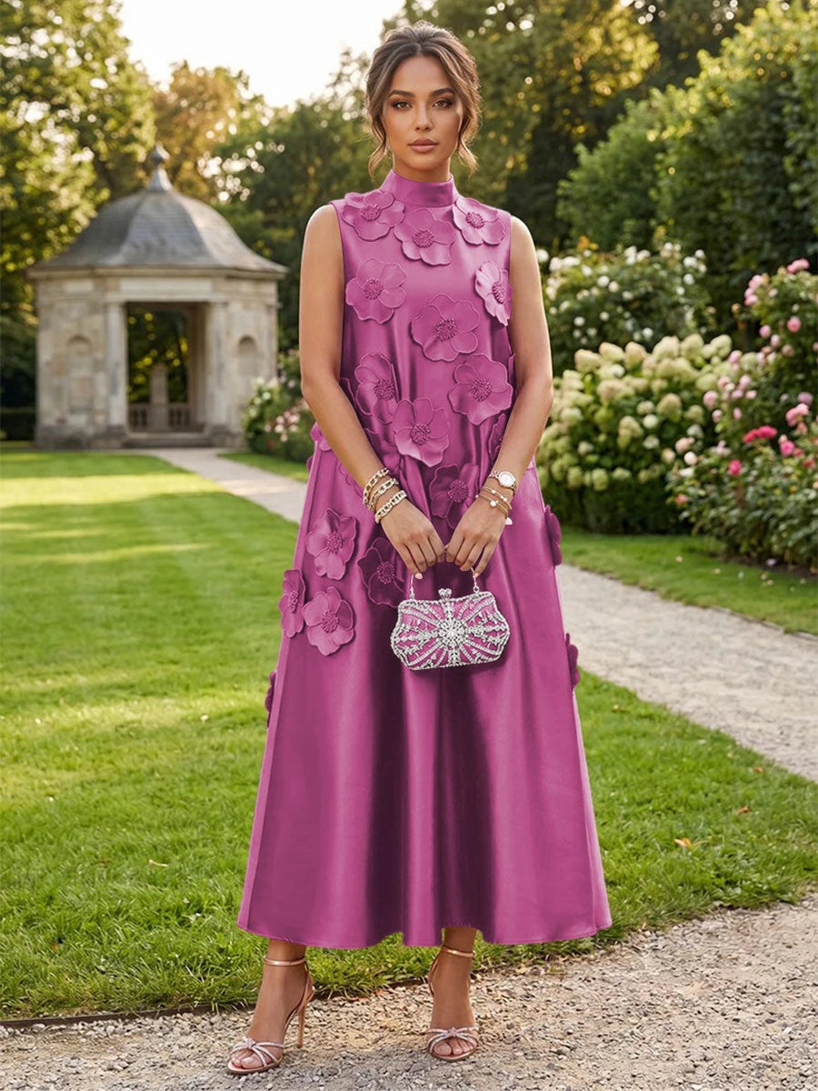 Romantic A-Line High Neck Sleeveless Satin Midi Wedding Guest Dress