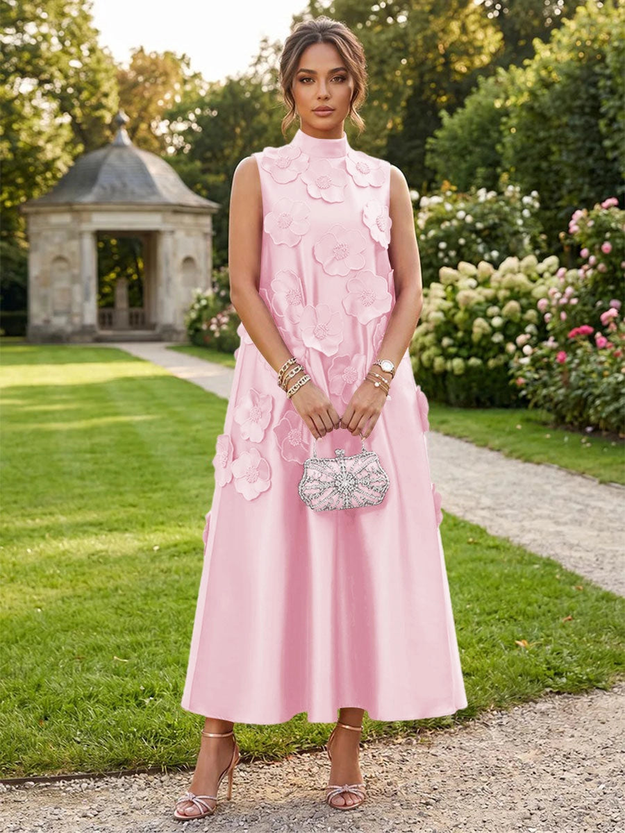 Romantic A-Line High Neck Sleeveless Satin Midi Wedding Guest Dress