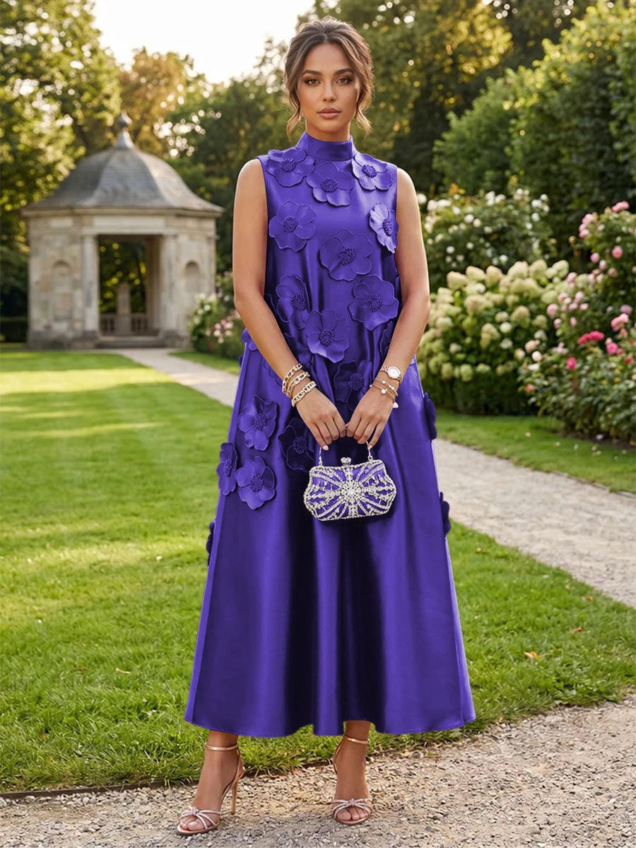 Romantic A-Line High Neck Sleeveless Satin Midi Wedding Guest Dress