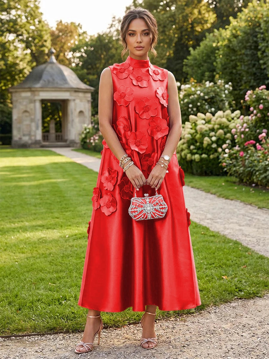 Romantic A-Line High Neck Sleeveless Satin Midi Wedding Guest Dress