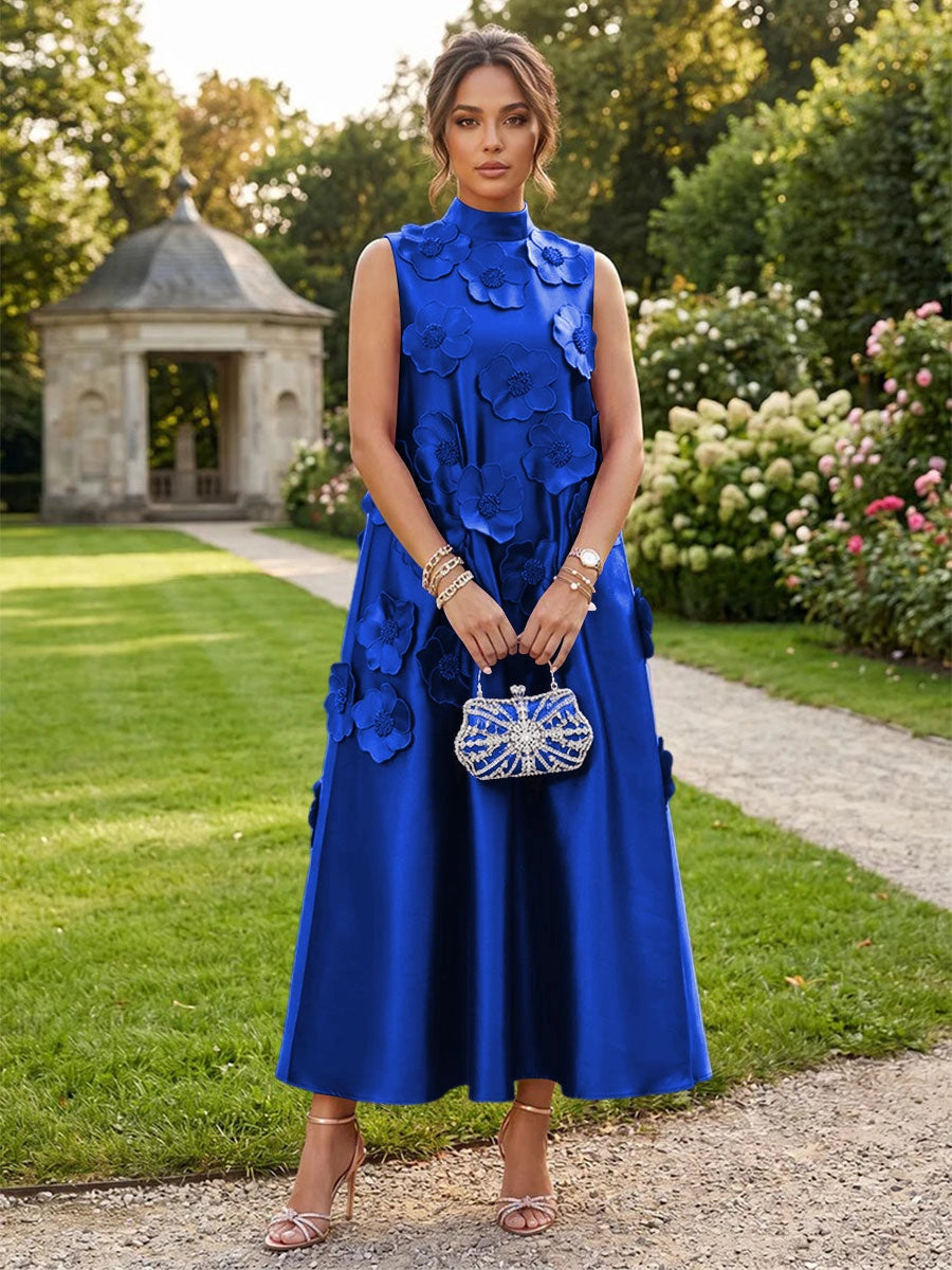 Romantic A-Line High Neck Sleeveless Satin Midi Wedding Guest Dress