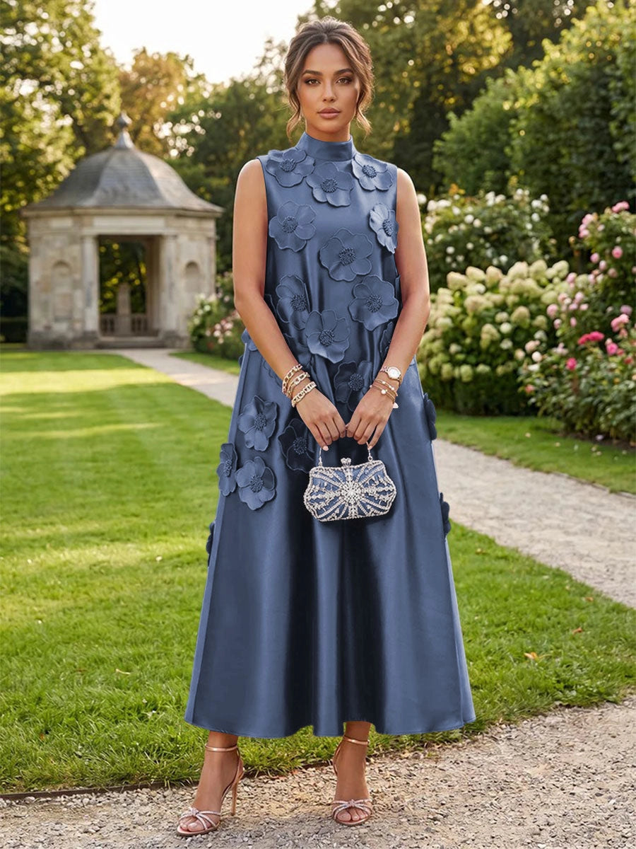 Romantic A-Line High Neck Sleeveless Satin Midi Wedding Guest Dress