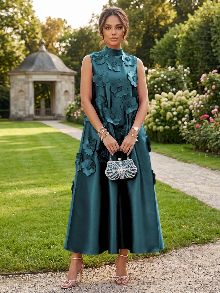 Romantic A-Line High Neck Sleeveless Satin Midi Wedding Guest Dress