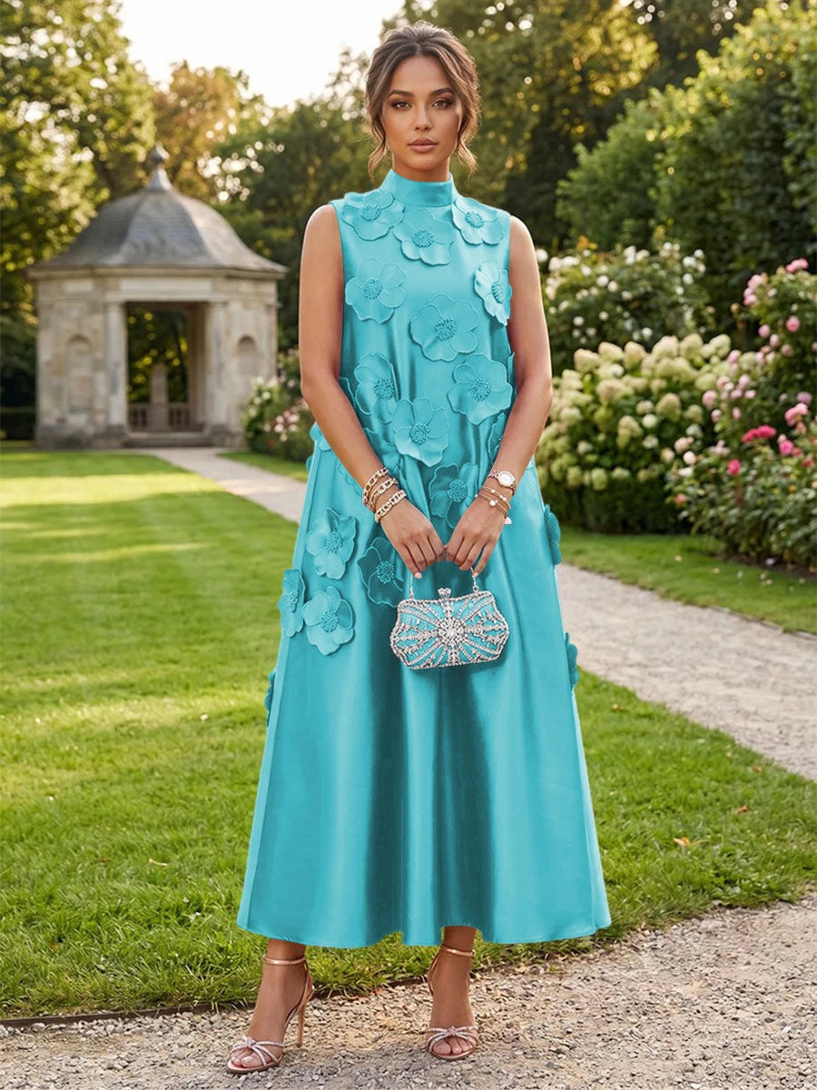 Romantic A-Line High Neck Sleeveless Satin Midi Wedding Guest Dress