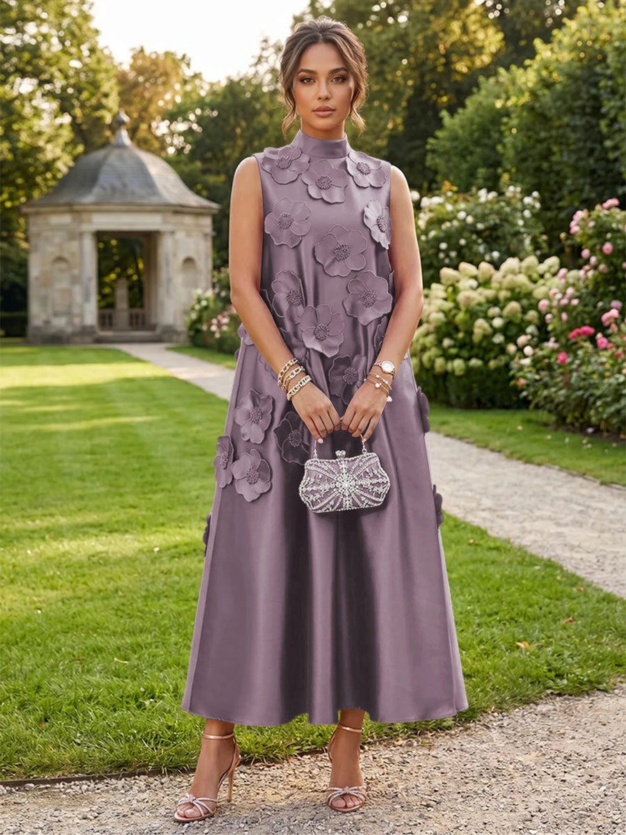 Romantic A-Line High Neck Sleeveless Satin Midi Wedding Guest Dress