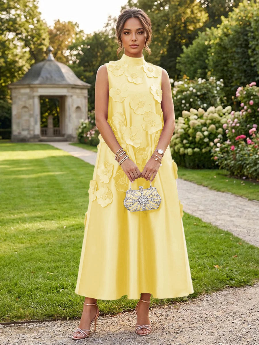 Romantic A-Line High Neck Sleeveless Satin Midi Wedding Guest Dress