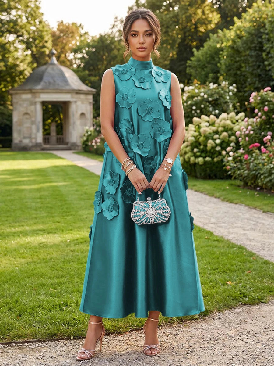 Romantic A-Line High Neck Sleeveless Satin Midi Wedding Guest Dress