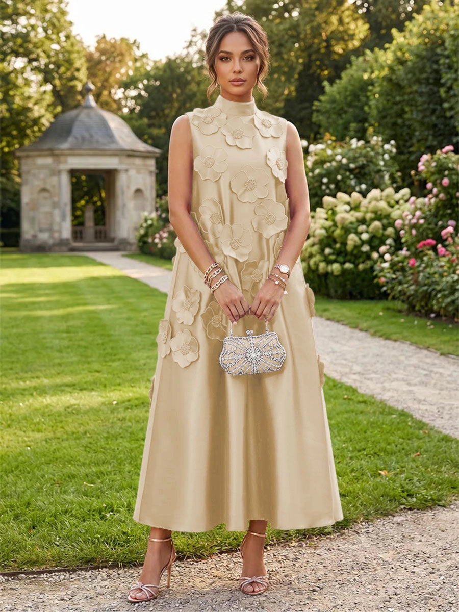 Romantic A-Line High Neck Sleeveless Satin Midi Wedding Guest Dress