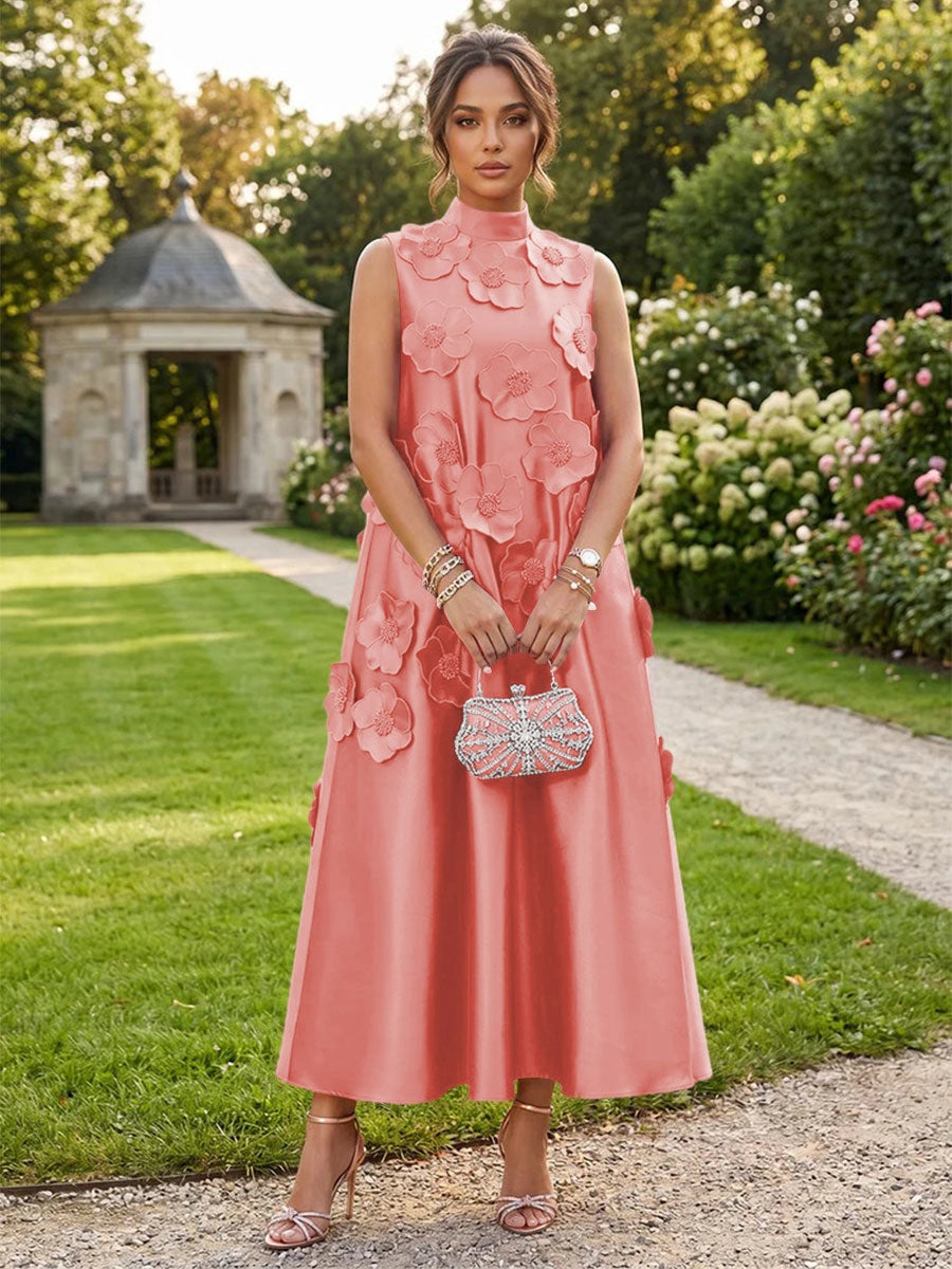 Romantic A-Line High Neck Sleeveless Satin Midi Wedding Guest Dress