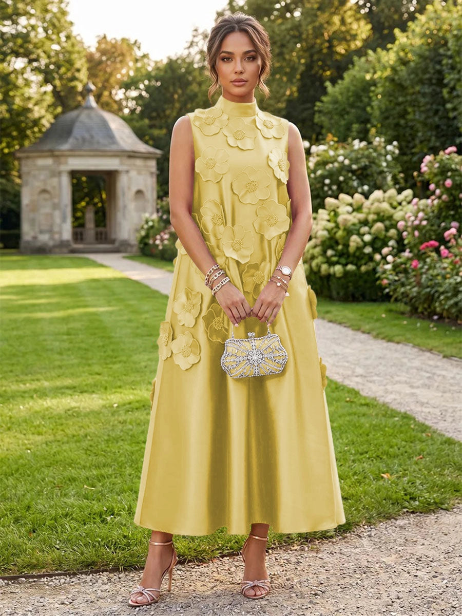 Romantic A-Line High Neck Sleeveless Satin Midi Wedding Guest Dress