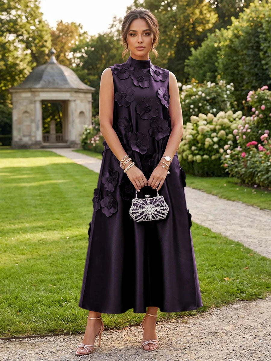 Romantic A-Line High Neck Sleeveless Satin Midi Wedding Guest Dress