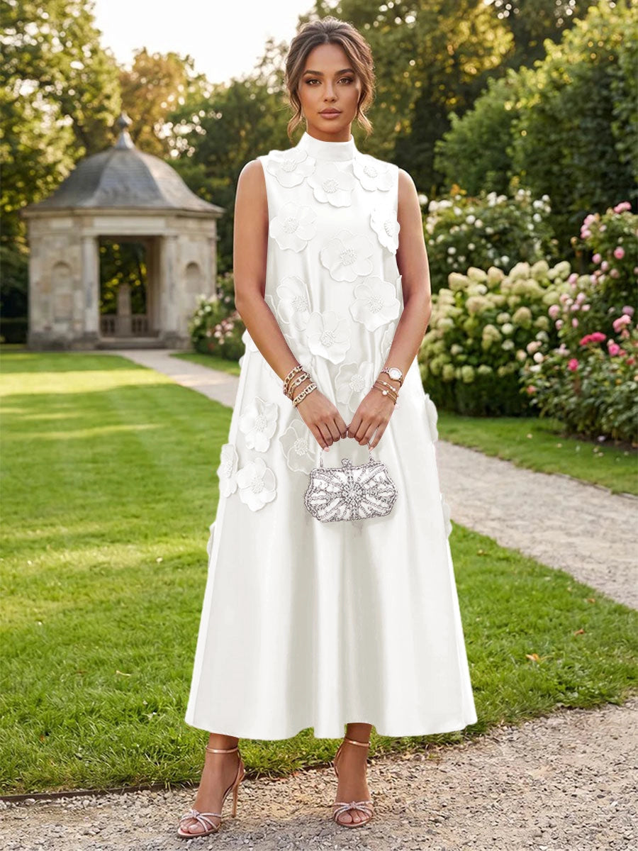Romantic A-Line High Neck Sleeveless Satin Midi Wedding Guest Dress