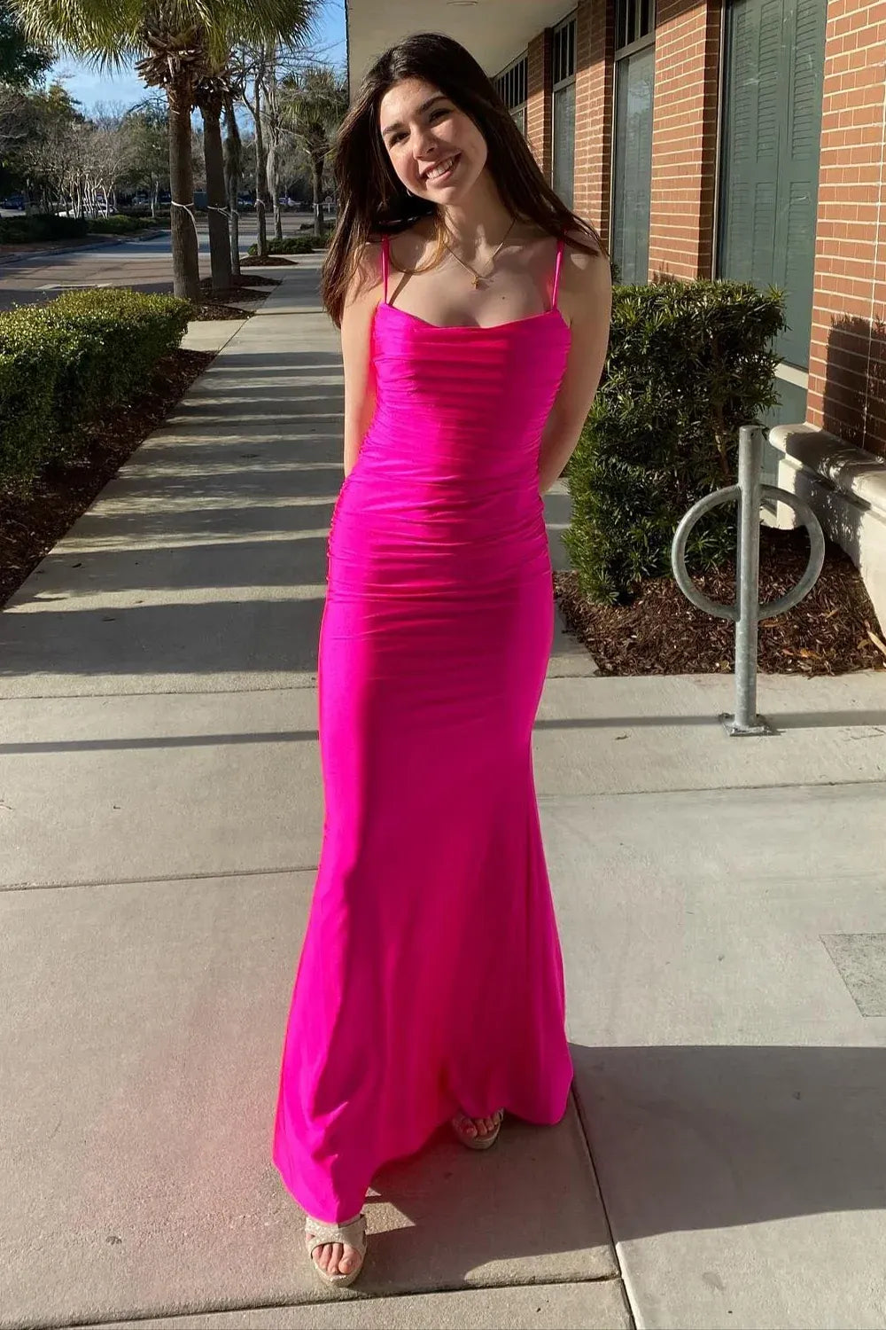 Chic Mermaid Cowl Neck Sleeveless Criss-Cross Back Floor-Length Prom Dress