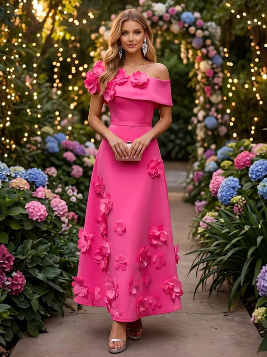 Loverlm hot pink floral off-shoulder A-line wedding guest dress front view