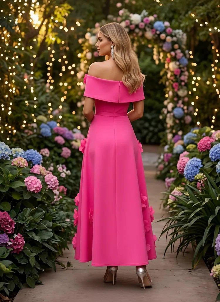 Romantic A-Line Off-Shoulder Short Sleeve Satin Ankle-Length Wedding Guest Dress