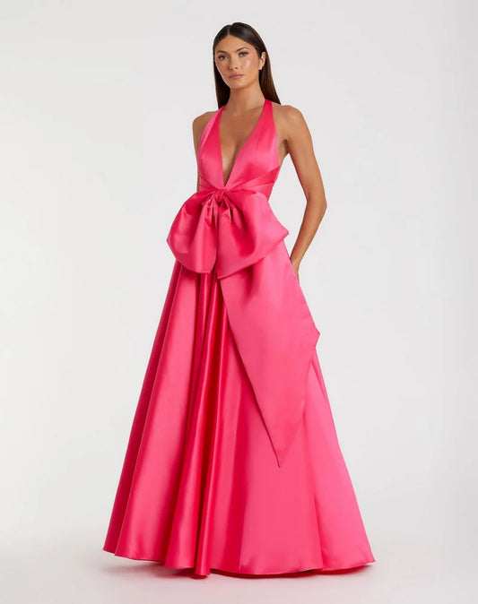 Loverlm hot pink halter prom dress with plunging neckline oversized bow and A-line skirt