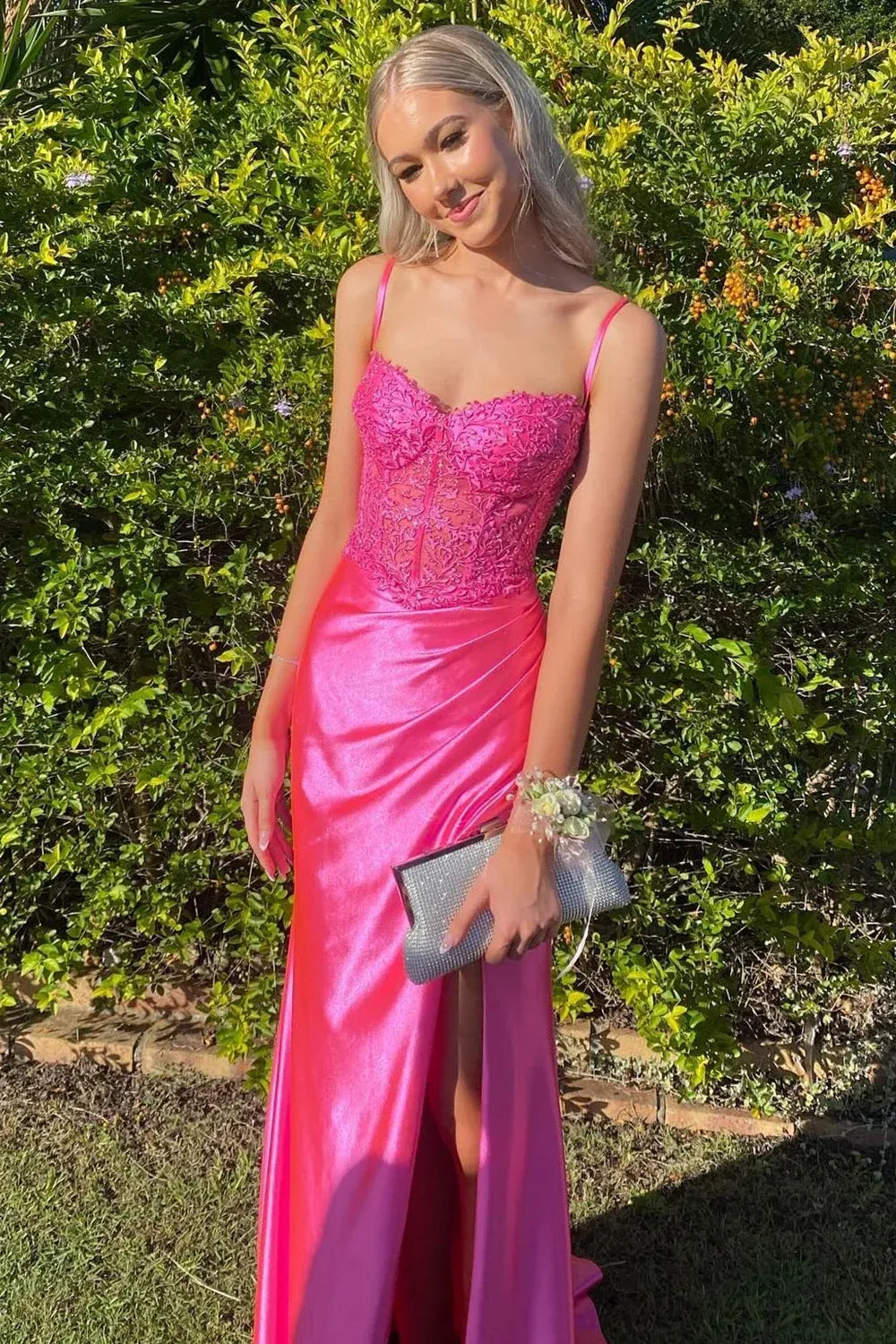 Loverlm hot pink lace corset satin prom dress with sweetheart neckline and thigh slit