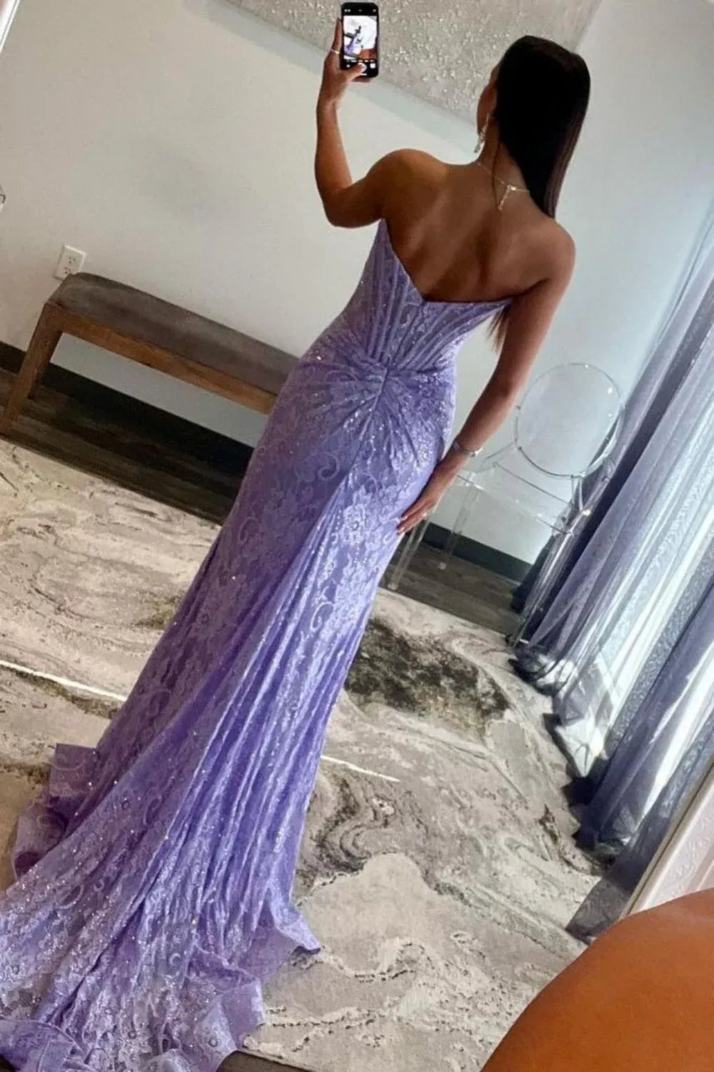 Glamorous Lace Mermaid Scoop Neck Strapless V Back Floor Length Prom Dress