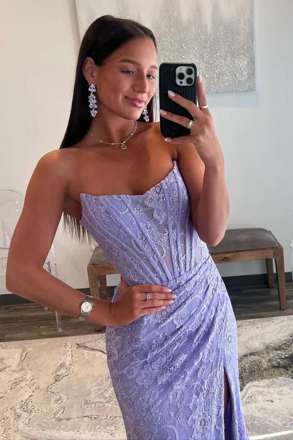 Glamorous Lace Mermaid Scoop Neck Strapless V Back Floor Length Prom Dress