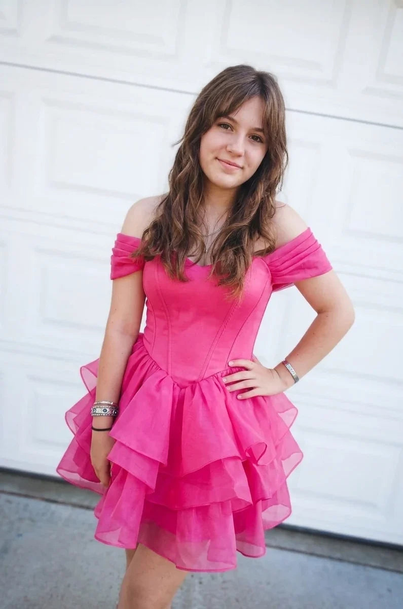 Glamorous A-Line Sweetheart Off-Shoulder Zip-Back Ruffle Mini Homecoming Dress