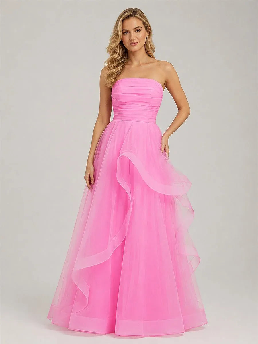 Loverlm Vibrant Hot Pink Organza A-Line Strapless Lace-Up Long Ruffled Prom Dress