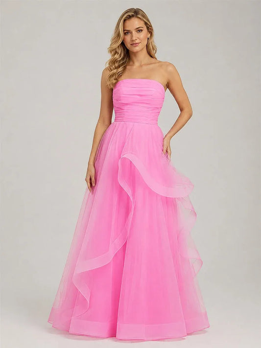 Loverlm Vibrant Hot Pink Organza A-Line Strapless Lace-Up Long Ruffled Prom Dress